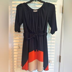 Stylish Navy Blue and Orange Dress with Belt